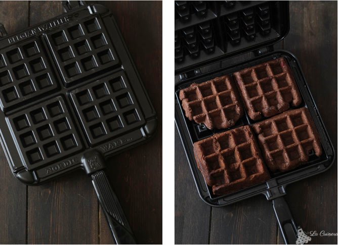 Gofres de chocolate con salsa de frambuesa Gofres de chocolate con salsa de frambuesa